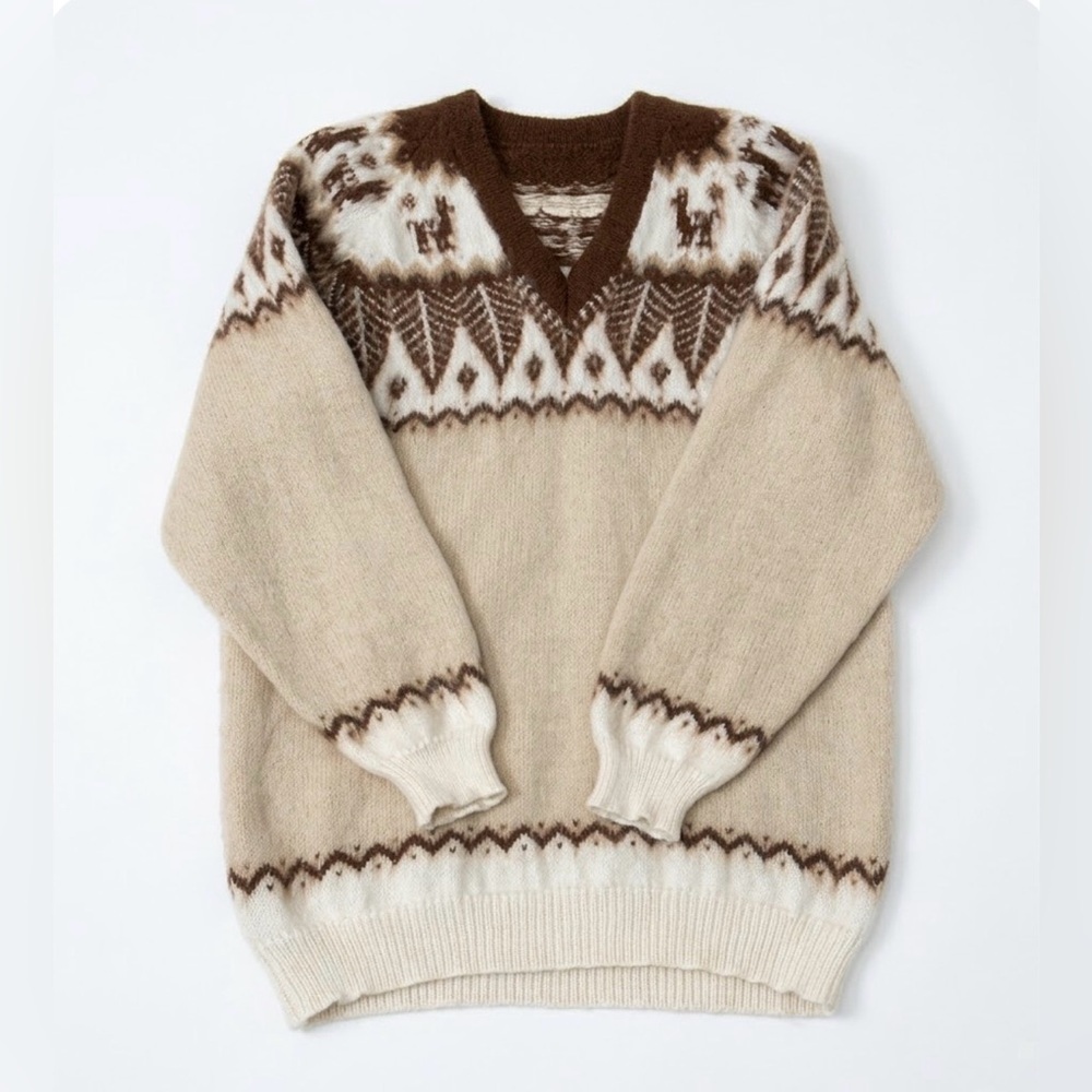 Vintage Fair Isle Nordic V Neck Pullover Sweater Women Size M Nordic Tan Brown